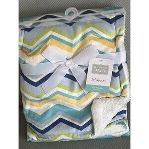 Hudson Baby Blue Green Yellow Sherpa Chevron Zig Zag Blanket Bay Stripe Teal New